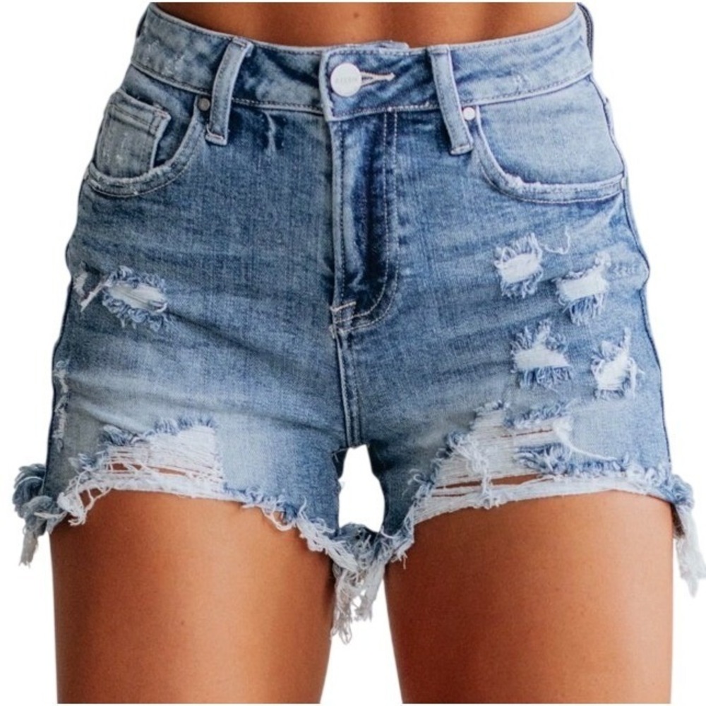 Risen Womens Denim Shorts Size M Medium Wash Distressed High Rise Casual Concert